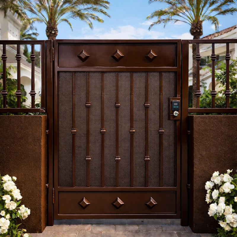 Custom powder-coated steel pedestrian gate for a residential walkway