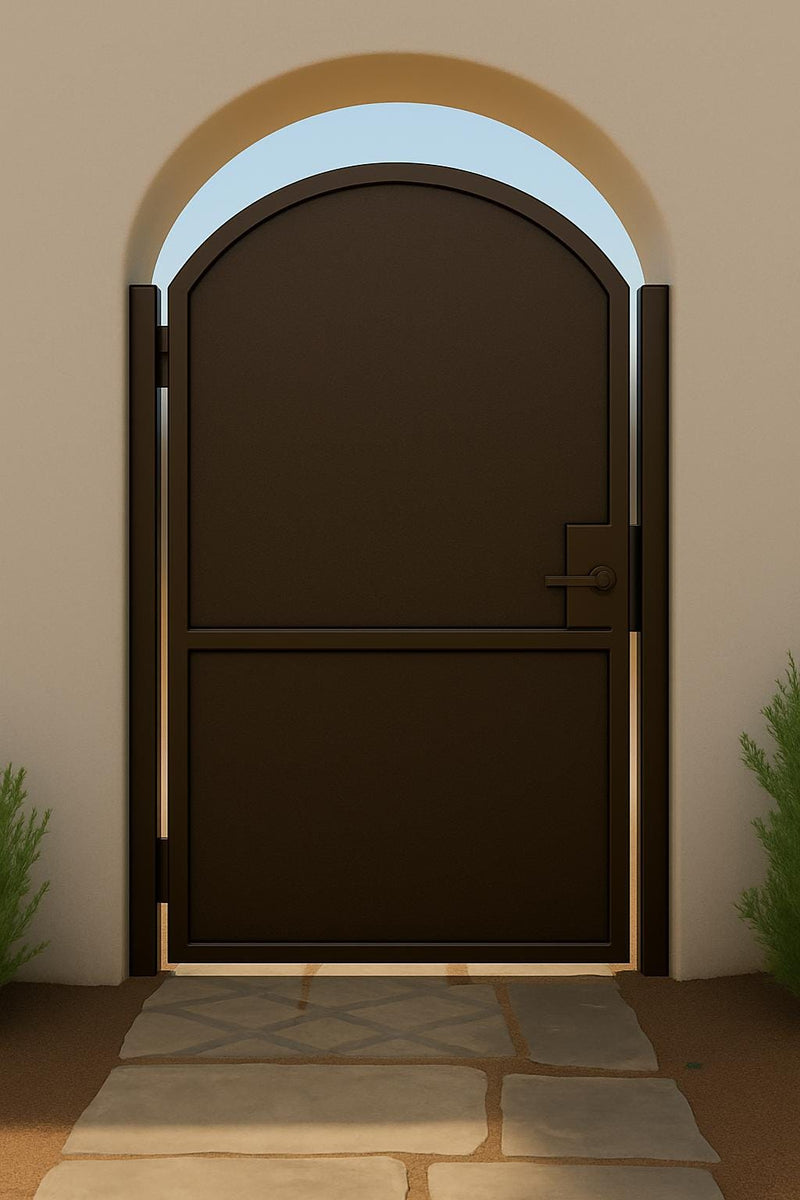 Handcrafted custom iron entry door with decorative steel details