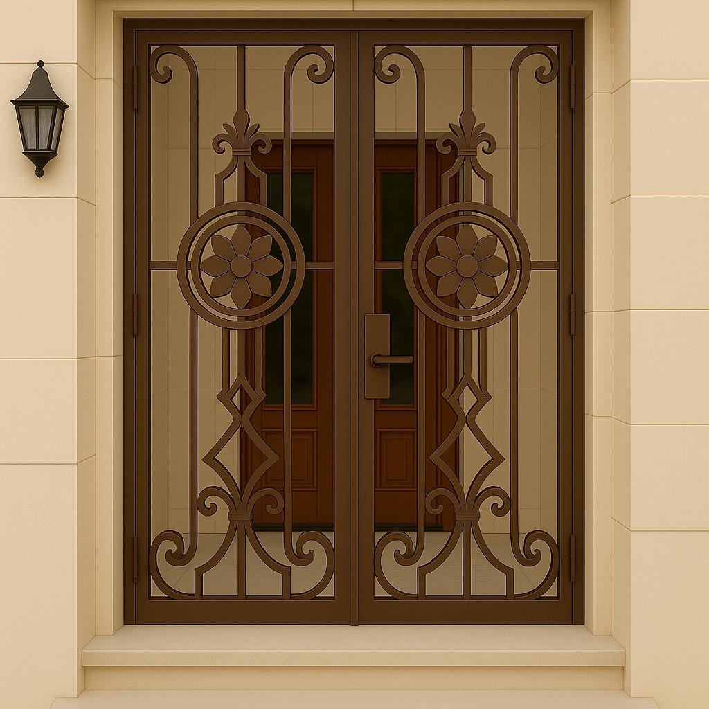 Handmade Wrought Iron Double Security Door: Floral Steel Entry Gate by the steel fabrication shop, product image 2