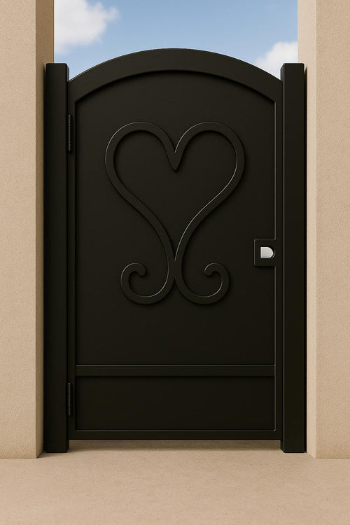 Heart Scroll Wrought Iron Garden Gate - Arched Metal Entryway 36x84 by the steel fabrication shop, product image 1