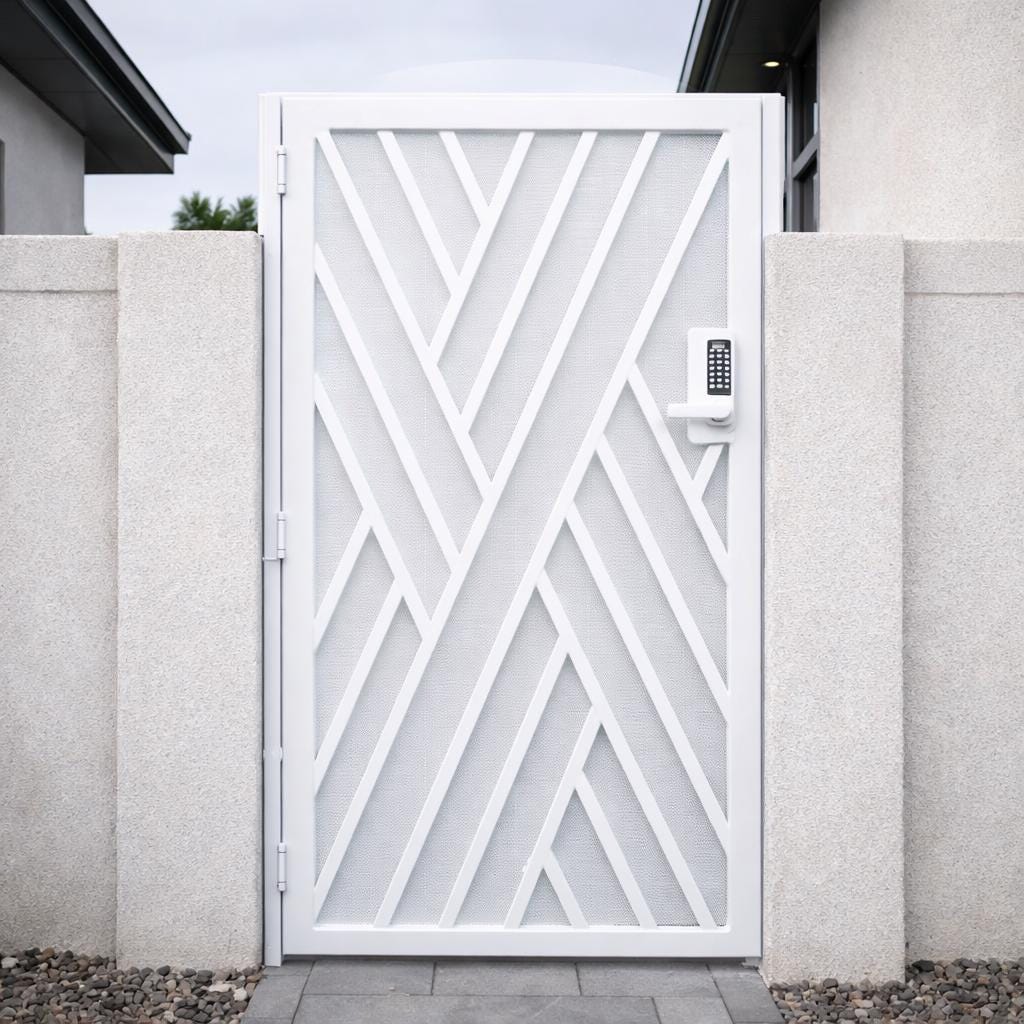 Modern White Steel Geometric Gate, Contemporary Walkway Security Entry Courtyard Door by the steel fabrication shop, product