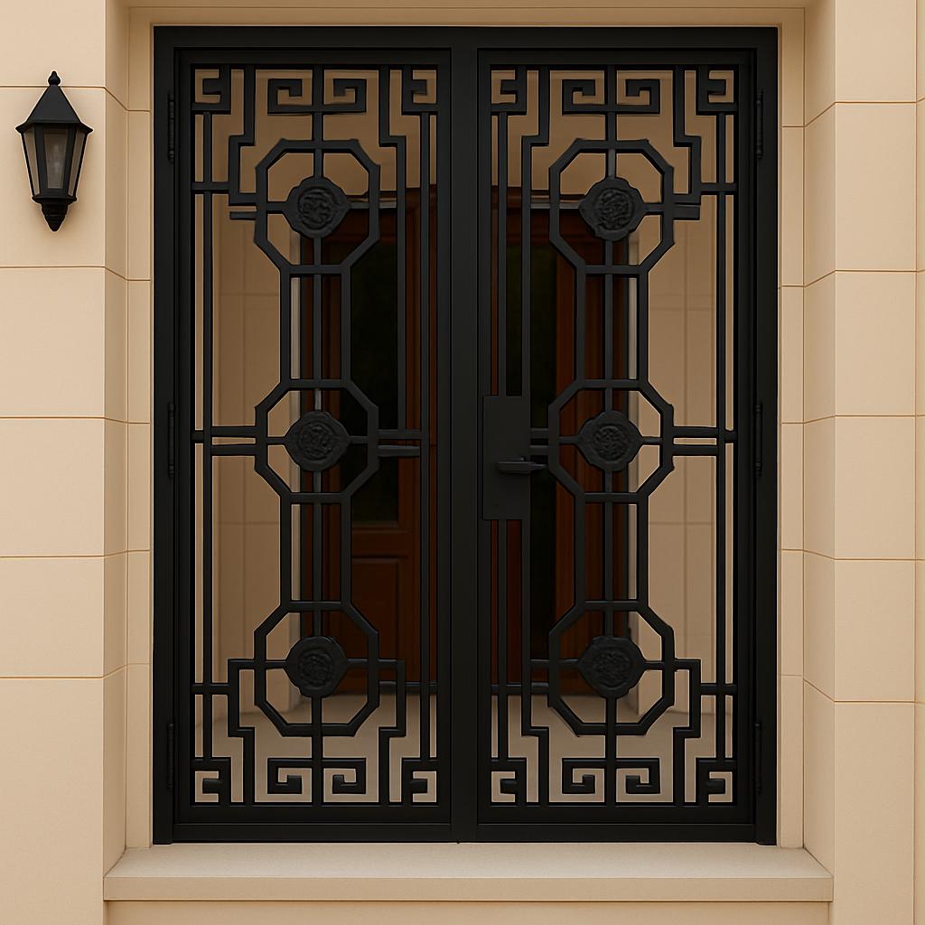 Custom Wrought Iron Double Security Door: Greek Key Floral Design by the steel fabrication shop, product image 3