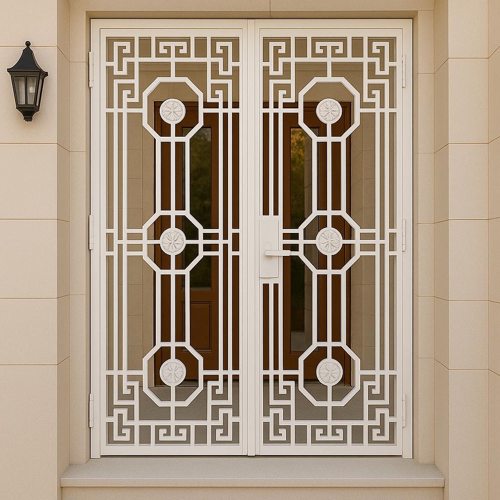 Custom Wrought Iron Double Security Door: Greek Key Floral Design by the steel fabrication shop, product image 4