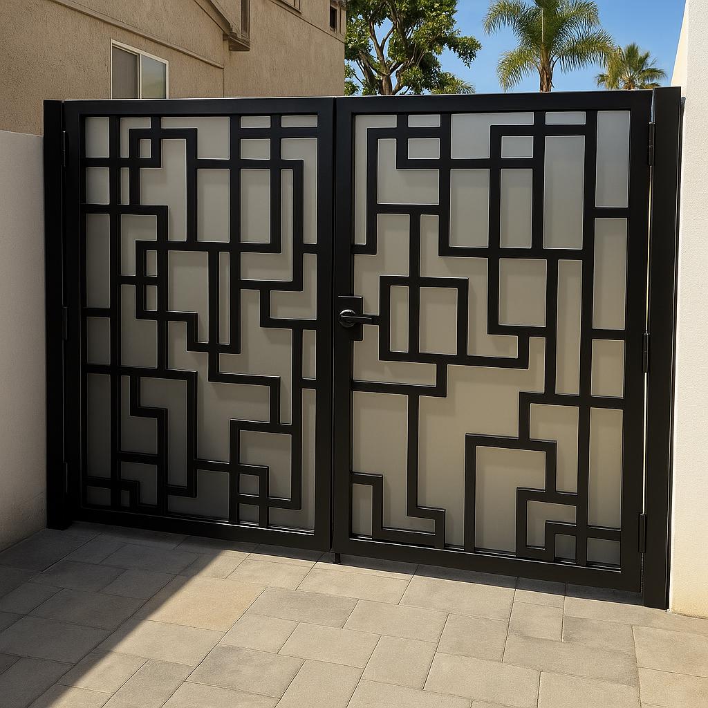 Custom Modern Double Gate: Powder Coated Iron & Frosted Glass by the steel fabrication shop, product image 1