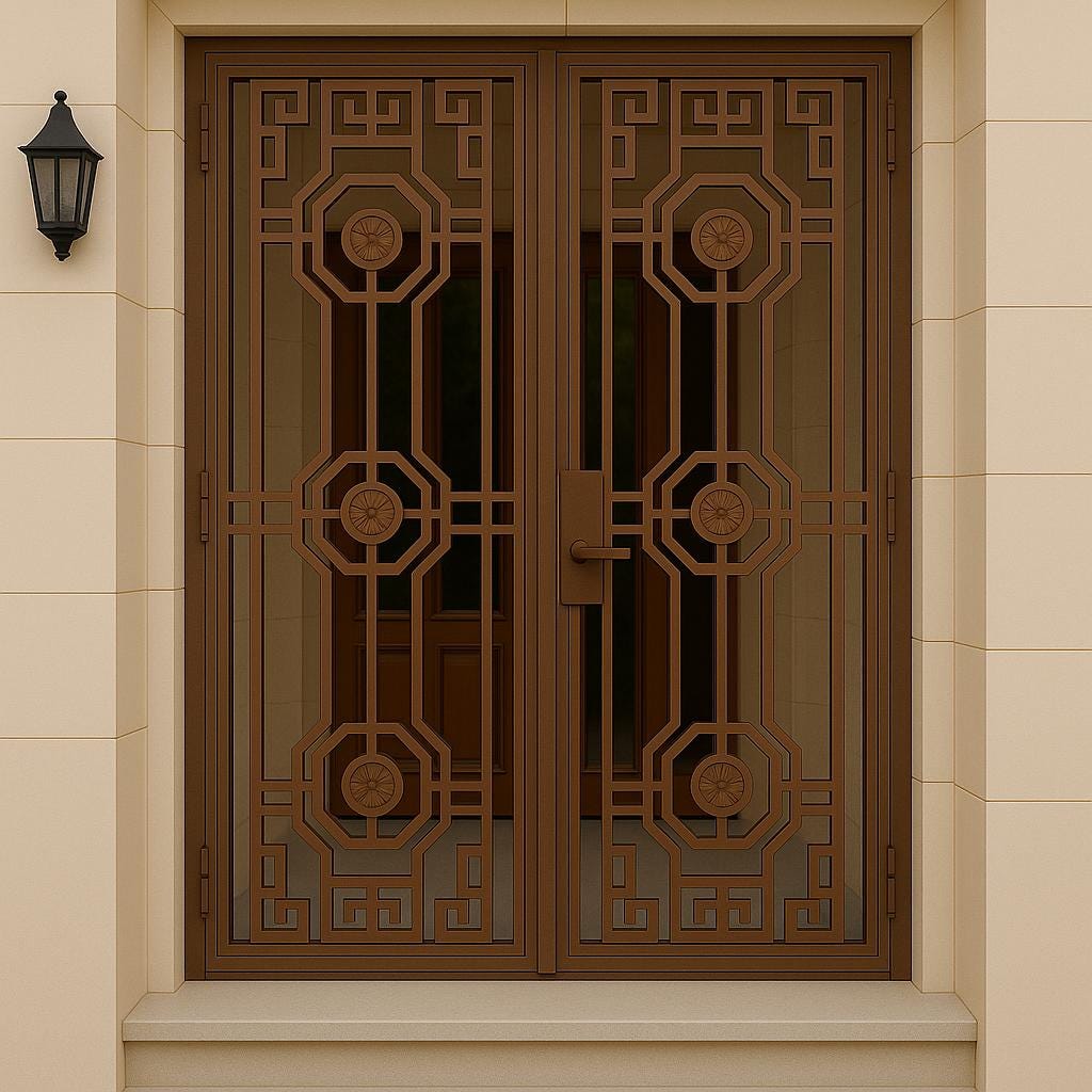 Custom Wrought Iron Double Security Door: Greek Key Floral Design by the steel fabrication shop, product image 2