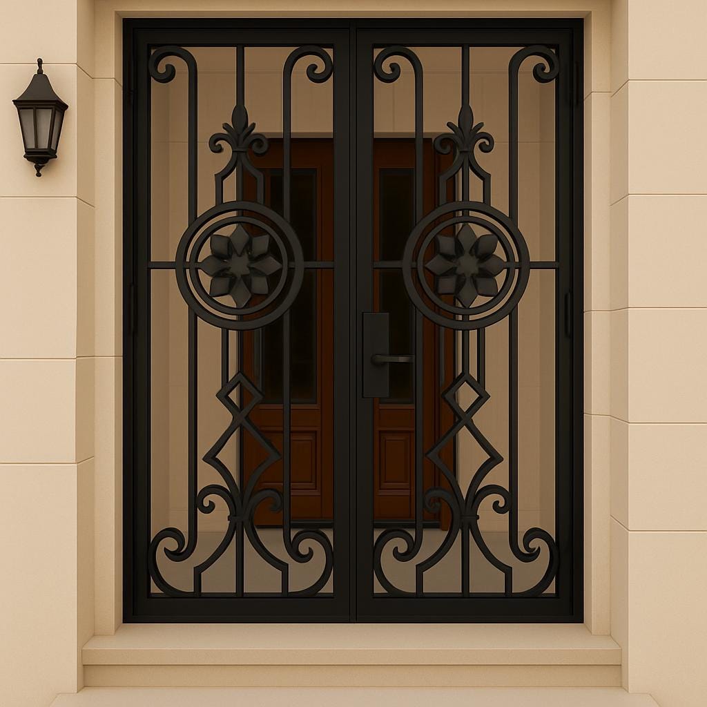 Handmade Wrought Iron Double Security Door: Floral Steel Entry Gate by the steel fabrication shop, product image 3