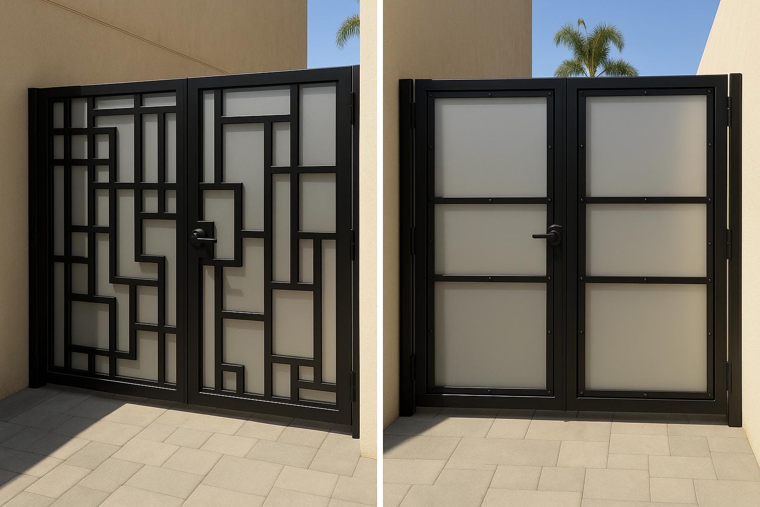 Custom Modern Double Gate: Powder Coated Iron & Frosted Glass by the steel fabrication shop, product image 2