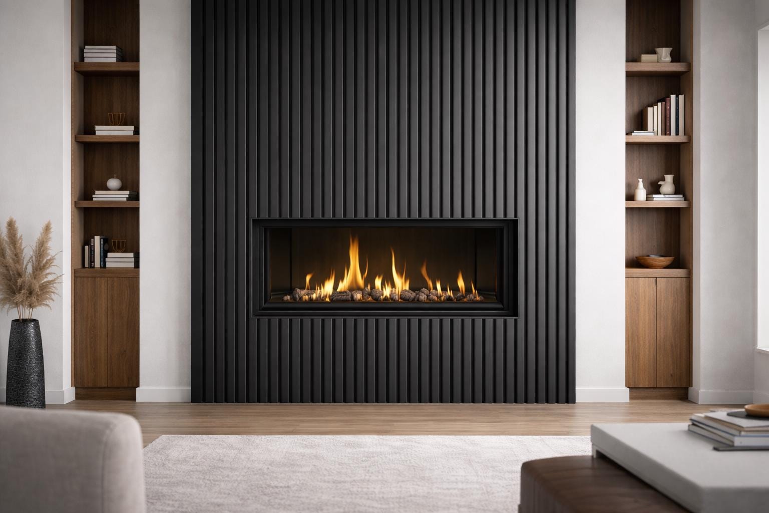 Modern Steel Fireplace Wall – Custom Metal Fireplace Surround, Vertical Slat Feature Wall, Contemporary Steel Fireplace