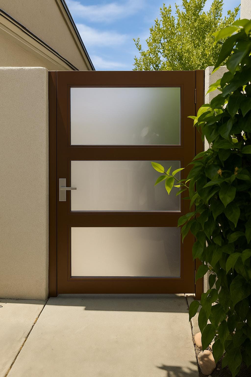 Modern Frosted Glass Privacy Gate: Brown Steel Frame Side Yard Door by the steel fabrication shop, product image 3
