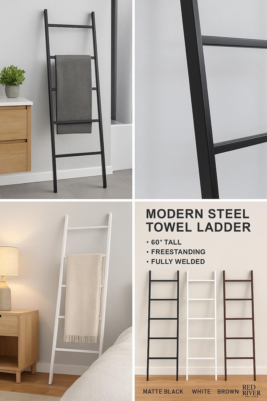 Modern Steel Towel Ladder: Freestanding Blanket Rack - Matte Black, White, Brown by the steel fabrication shop, product