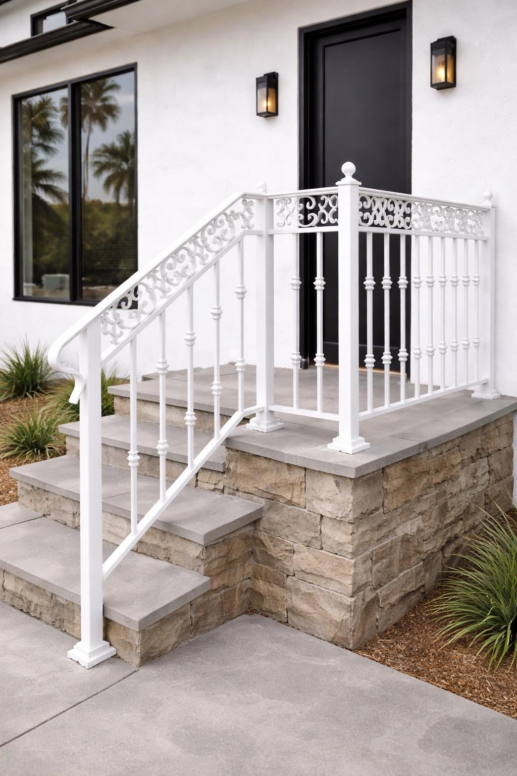Verona Crest Scroll Landing Handrail, Custom Wrought Iron Stair Railing, Decorative Porch Rail, Outdoor Entry Handrail, Metal