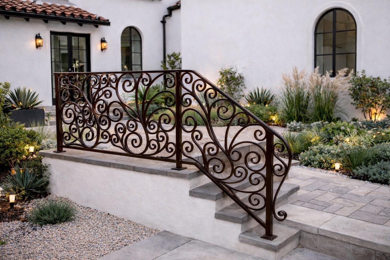 Riviera Scroll Garden Handrail, Custom Wrought Iron Stair Railing, Decorative Metal Porch Rail, Luxury Entry Handrail by