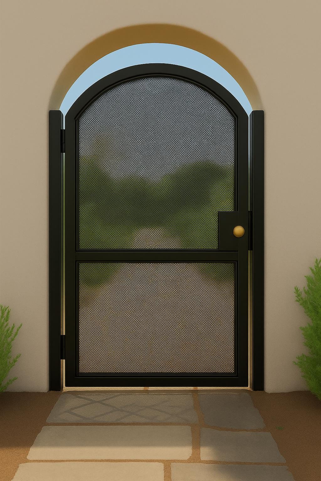 Modern Arched Wrought Iron Gate with Perforated Privacy Mesh by the steel fabrication shop, product image 1