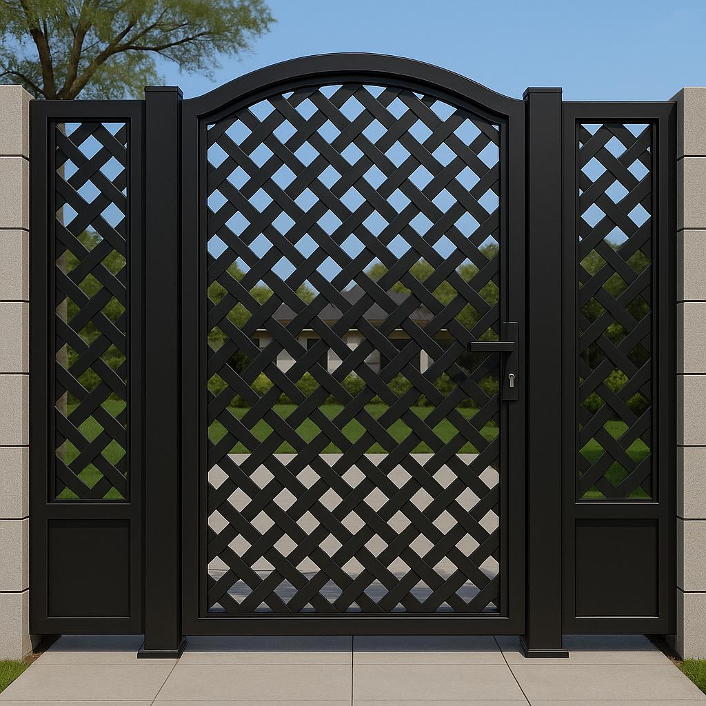 Arched Woven Steel Privacy Gate with Side Panels by the steel fabrication shop, product image 1