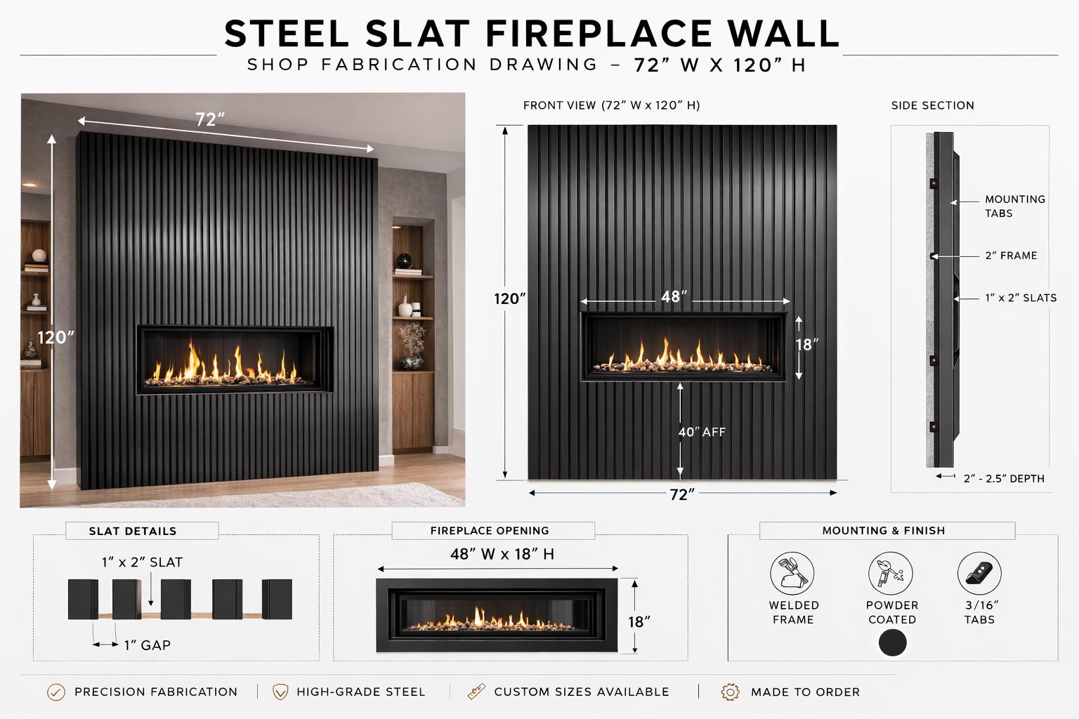 Modern Steel Fireplace Wall – Custom Metal Fireplace Surround, Vertical Slat Feature Wall, Contemporary Steel Fireplace
