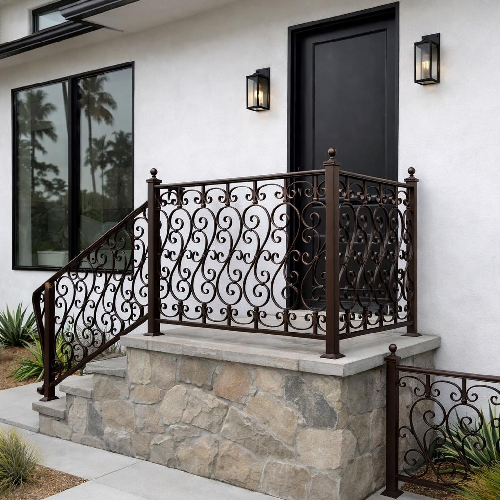 Custom Wrought Iron Porch Railing, Decorative Stair Handrail, Luxury Front Entry Rail, Outdoor Scroll Metal Railing, Landing