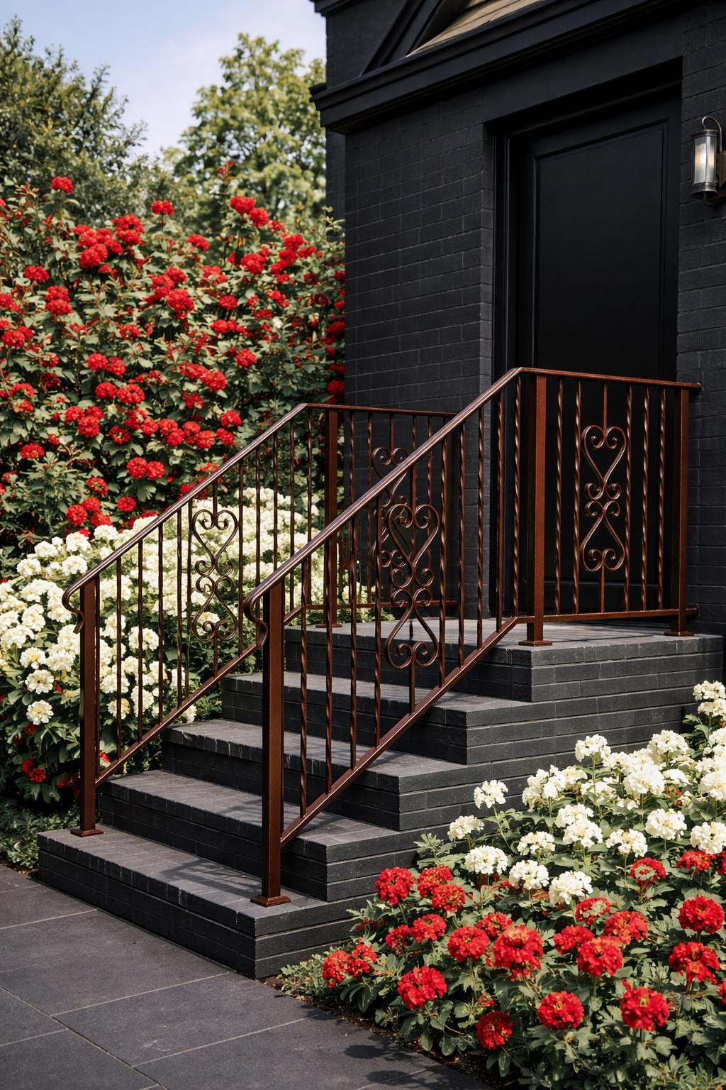 Roseheart Twist Stair Handrail, Custom Wrought Iron Railing, Decorative Outdoor Stair Rail, Entry Porch Safety Handrail