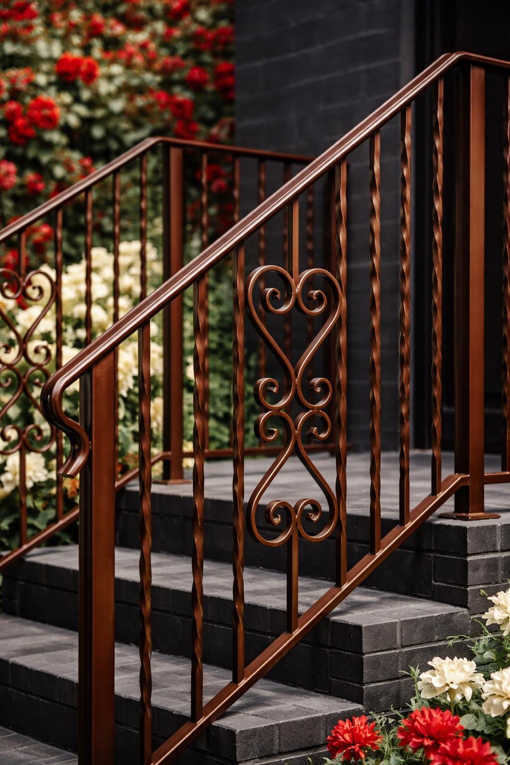 Roseheart Twist Stair Handrail, Custom Wrought Iron Railing, Decorative Outdoor Stair Rail, Entry Porch Safety Handrail