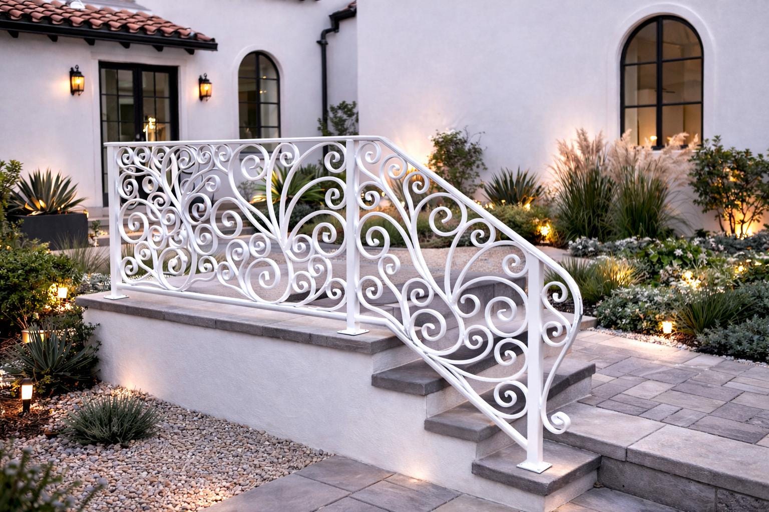 Riviera Scroll Garden Handrail, Custom Wrought Iron Stair Railing, Decorative Metal Porch Rail, Luxury Entry Handrail by