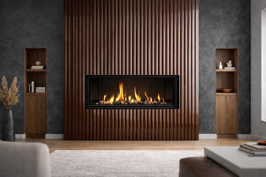 Modern Steel Fireplace Wall – Custom Metal Fireplace Surround, Vertical Slat Feature Wall, Contemporary Steel Fireplace