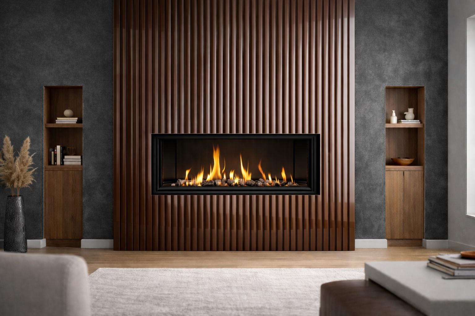 Modern Steel Fireplace Wall – Custom Metal Fireplace Surround, Vertical Slat Feature Wall, Contemporary Steel Fireplace