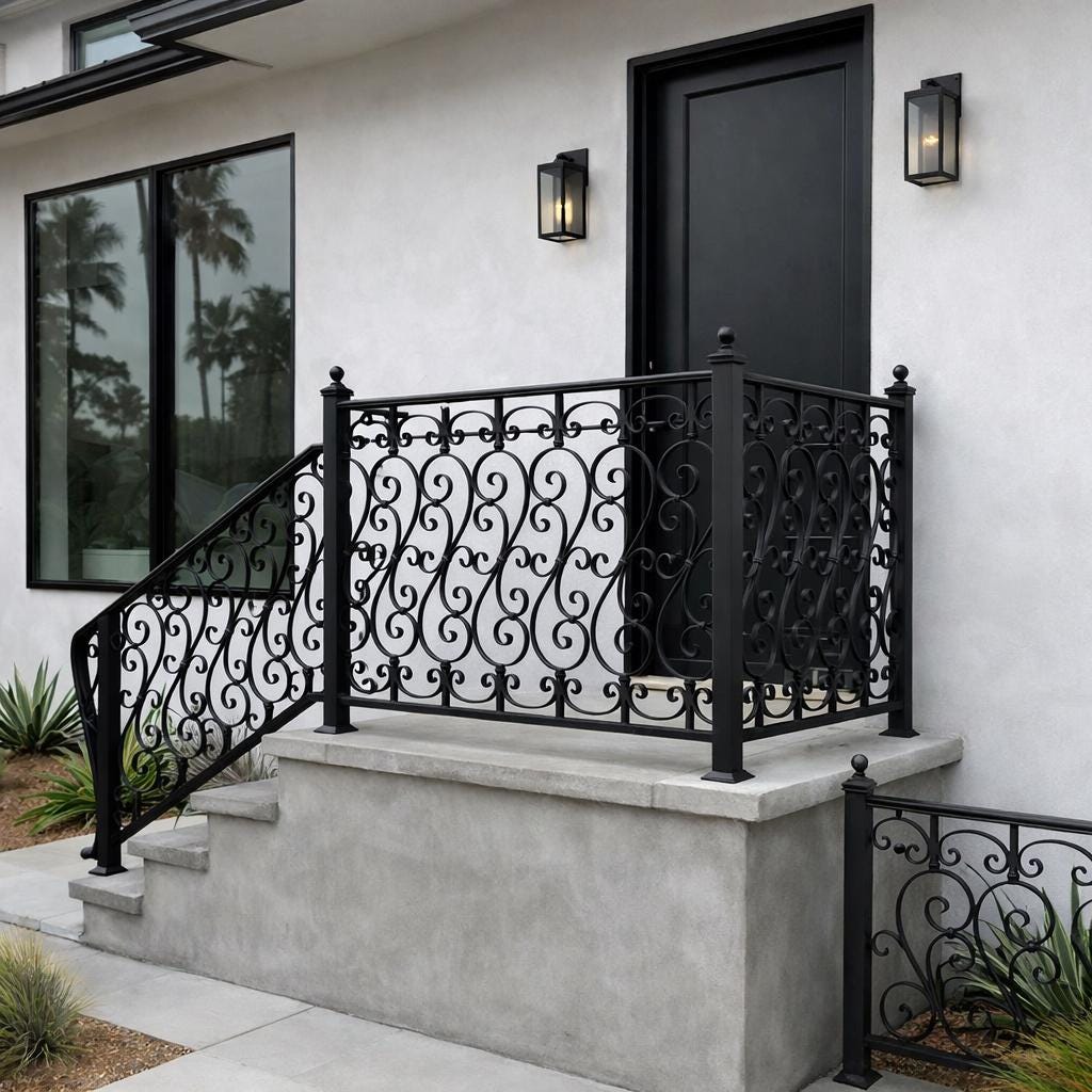 Custom Wrought Iron Porch Railing, Decorative Stair Handrail, Luxury Front Entry Rail, Outdoor Scroll Metal Railing, Landing