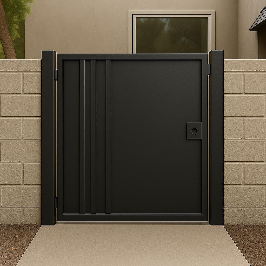 Modern Iron Security Gate: Powder Coated Steel Side Door for Block Walls by the steel fabrication shop, product image 3