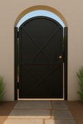 Modern Arched Iron Gate with Sheet Metal X-Panel by the steel fabrication shop, product image 1