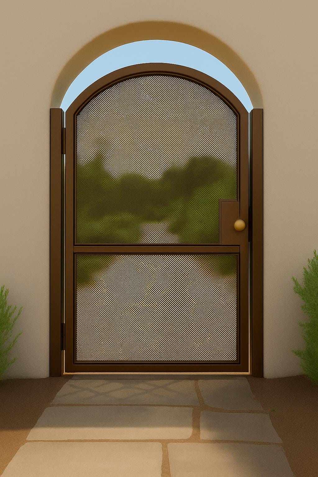 Modern Arched Wrought Iron Gate with Perforated Privacy Mesh by the steel fabrication shop, product image 3
