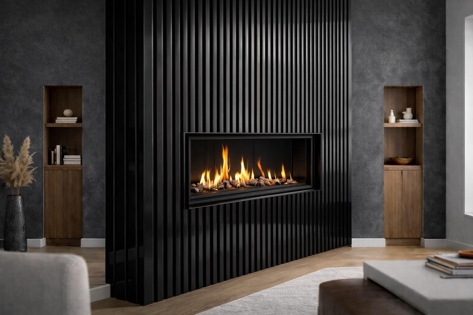 Modern Steel Fireplace Wall – Custom Metal Fireplace Surround, Vertical Slat Feature Wall, Contemporary Steel Fireplace
