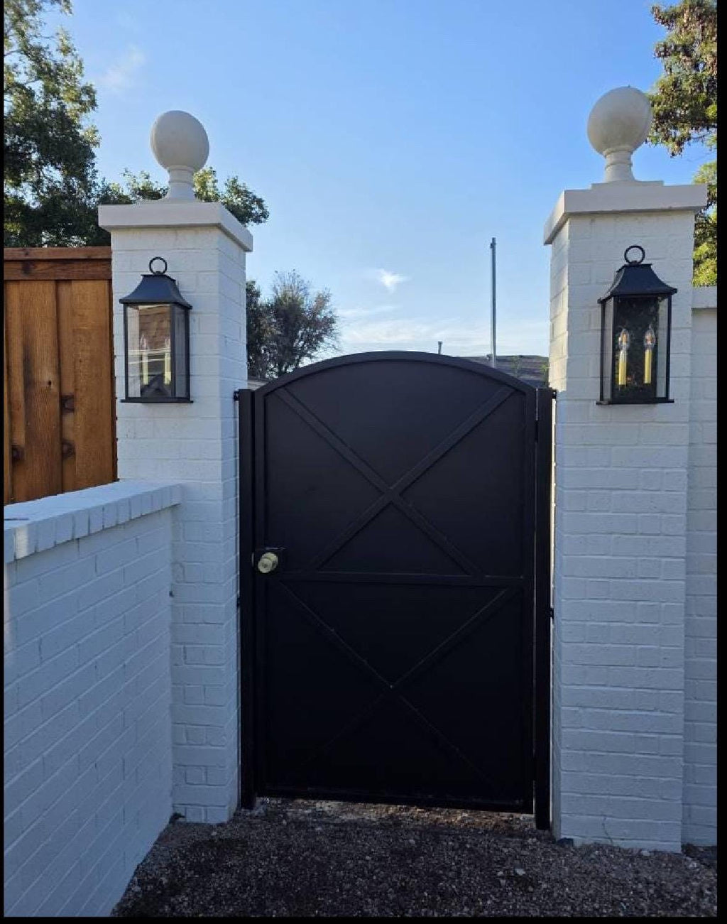 Modern Arched Iron Gate with Sheet Metal X-Panel by the steel fabrication shop, product image 2