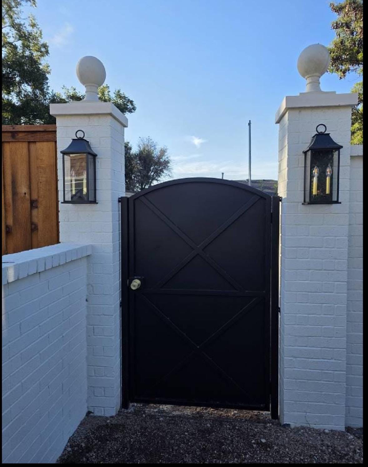 Modern Arched Iron Gate with Sheet Metal X-Panel by the steel fabrication shop, product image 2