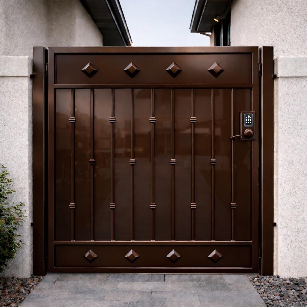 Modern Steel Security Gate – Black Metal Entry Privacy Gate With Keypad Lock Panel by the steel fabrication shop, product