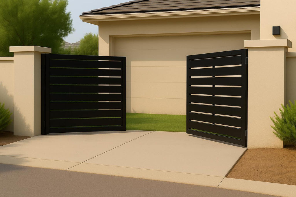 Modern Steel Driveway Gate – Custom Double Swing, Privacy Pattern by the steel fabrication shop, product image 1