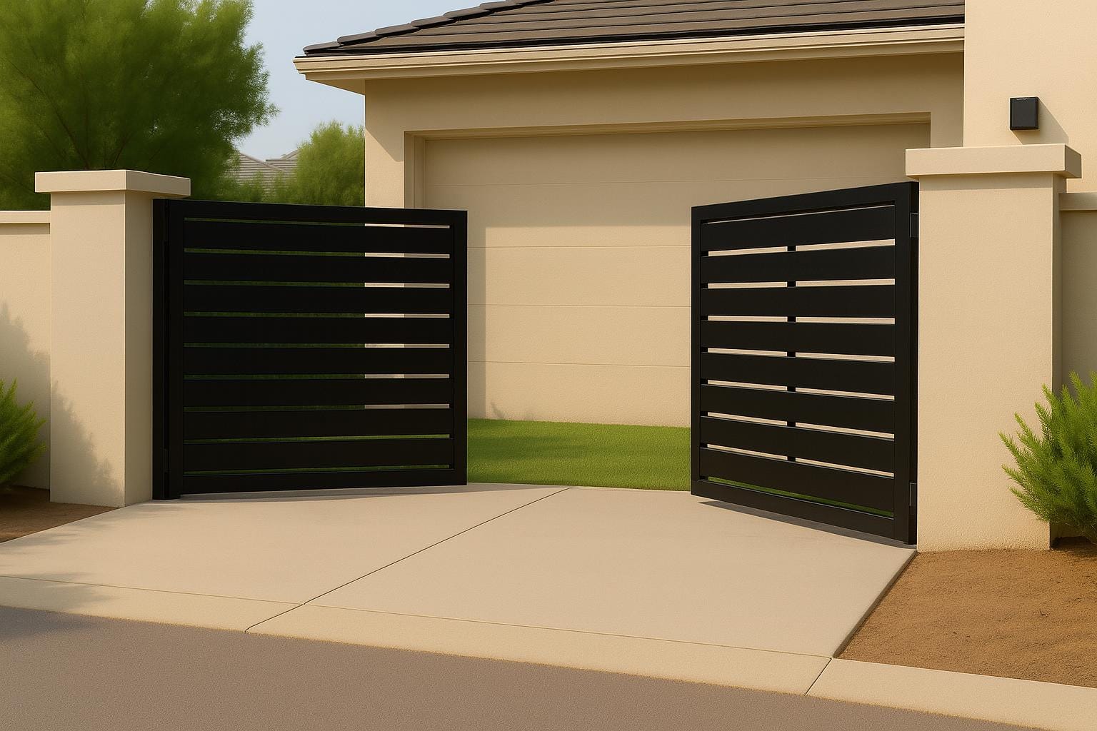 Modern Steel Driveway Gate – Custom Double Swing, Privacy Pattern by the steel fabrication shop, product image 1