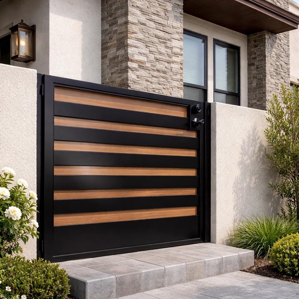 Modern Steel Security Gate – Horizontal Slat Privacy Entry Door by the steel fabrication shop, product image 1