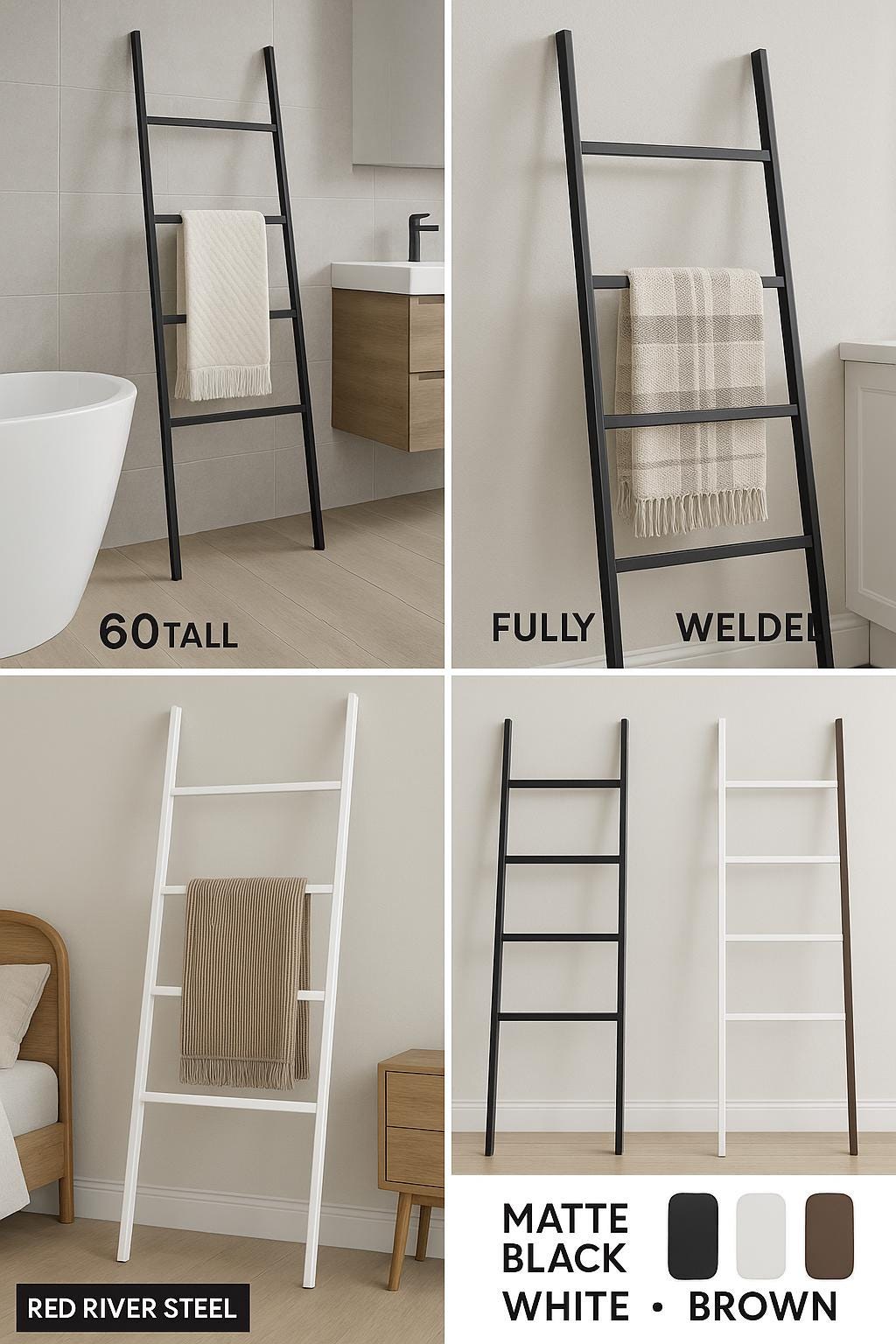 Modern Steel Towel Ladder: Freestanding Blanket Rack - Matte Black, White, Brown by the steel fabrication shop, product