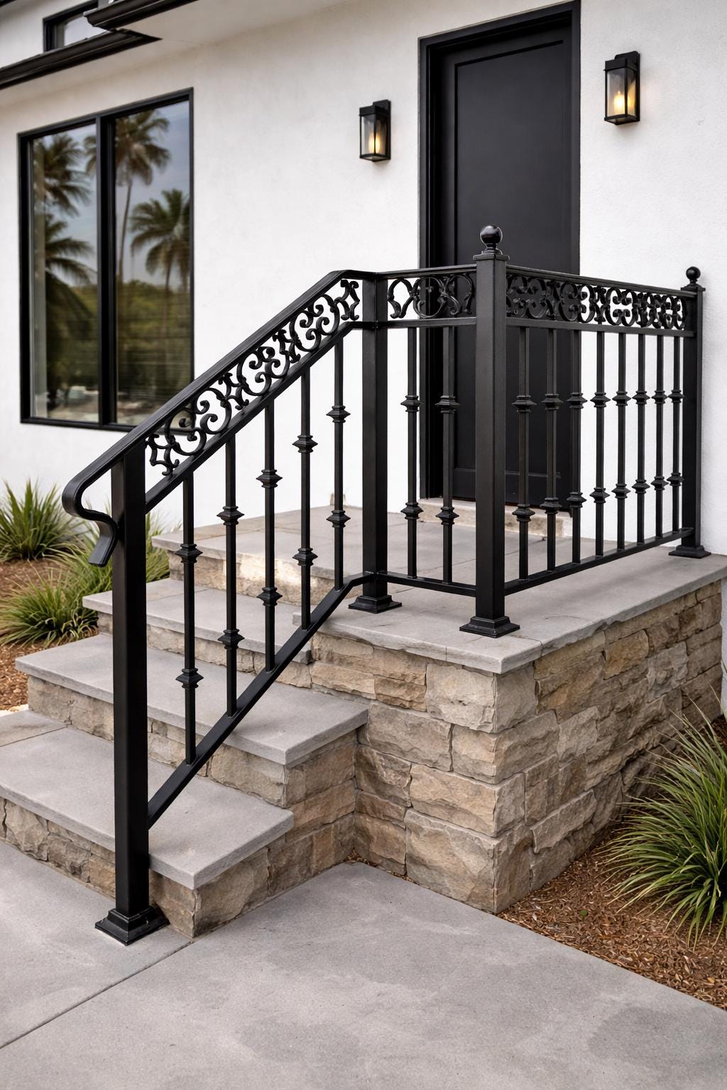 Verona Crest Scroll Landing Handrail, Custom Wrought Iron Stair Railing, Decorative Porch Rail, Outdoor Entry Handrail, Metal
