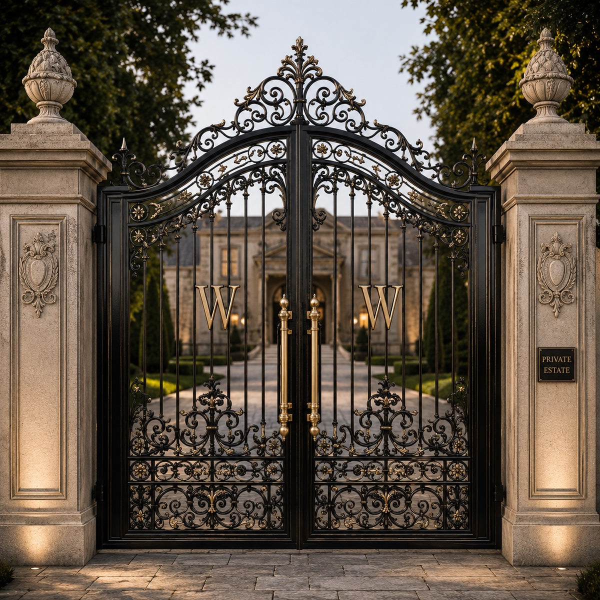 Ornate black and antique gold Crownforge private estate driveway gate