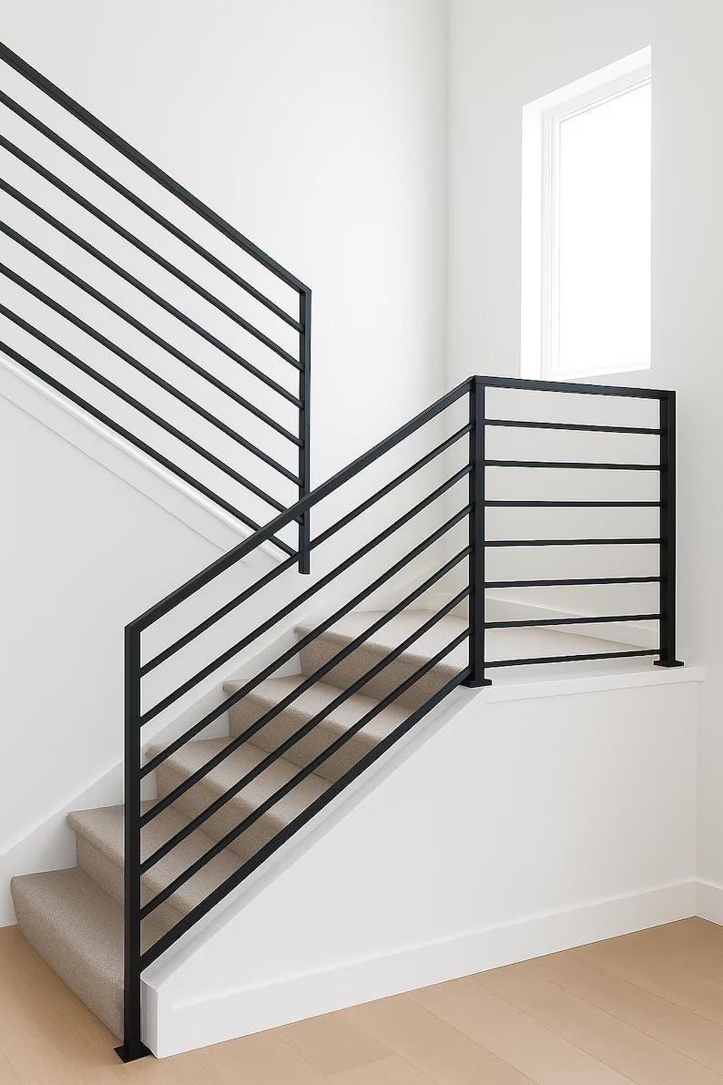 Custom Steel Stair Railing – Modern Horizontal Bar Handrail, ADA-Compliant Indoor/Outdoor Step Rail by the steel fabrication