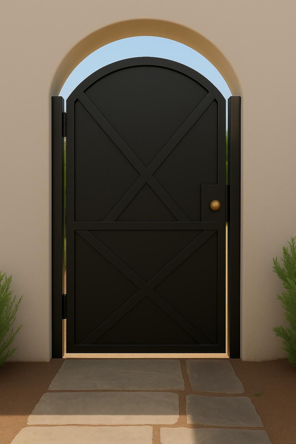 Modern Arched Iron Gate with Sheet Metal X-Panel by the steel fabrication shop, product image 5