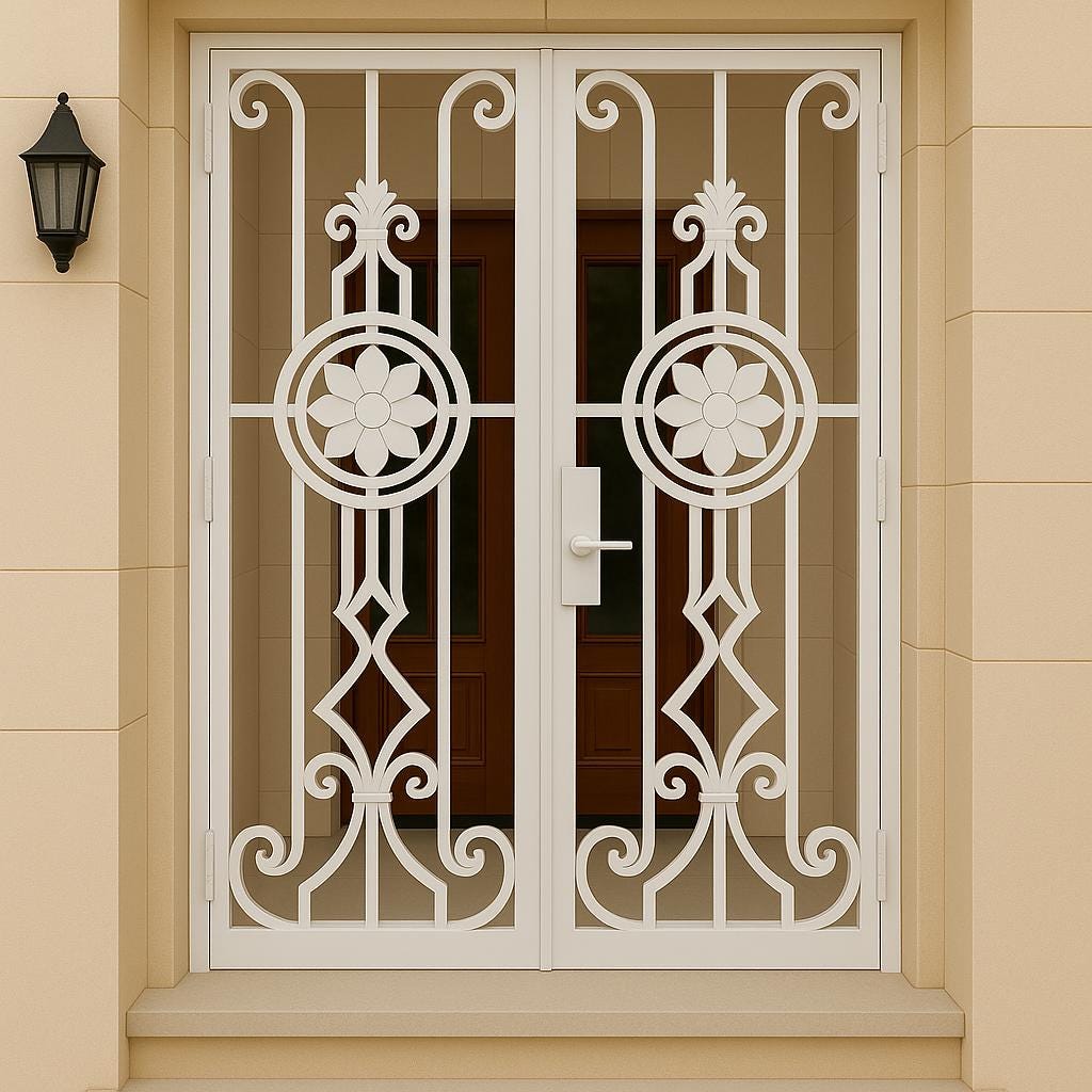 Handmade Wrought Iron Double Security Door: Floral Steel Entry Gate by the steel fabrication shop, product image 1