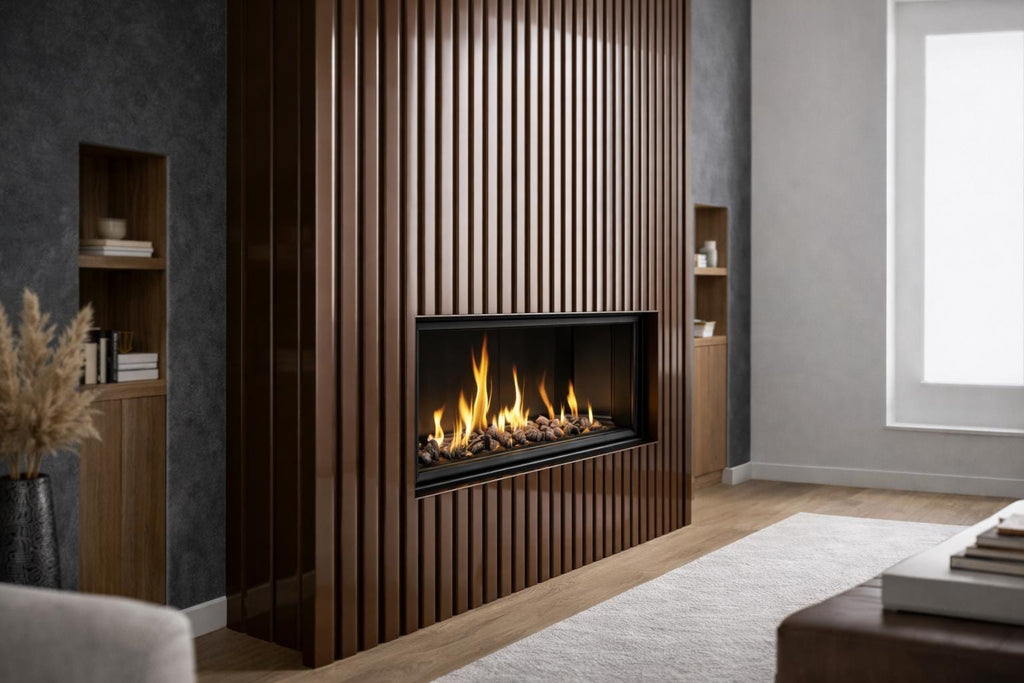 Modern Steel Fireplace Wall – Custom Metal Fireplace Surround, Vertical Slat Feature Wall, Contemporary Steel Fireplace