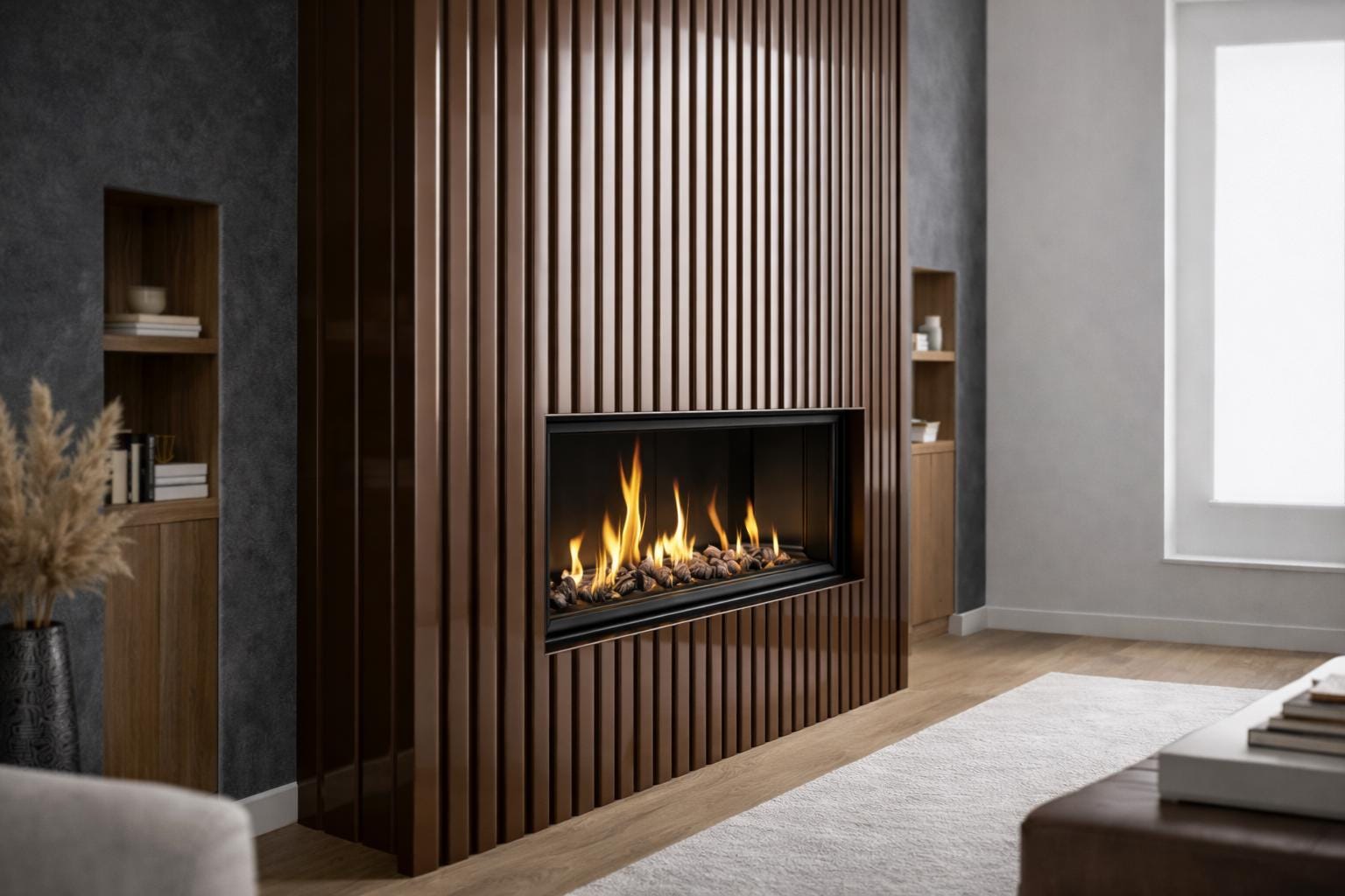 Modern Steel Fireplace Wall – Custom Metal Fireplace Surround, Vertical Slat Feature Wall, Contemporary Steel Fireplace