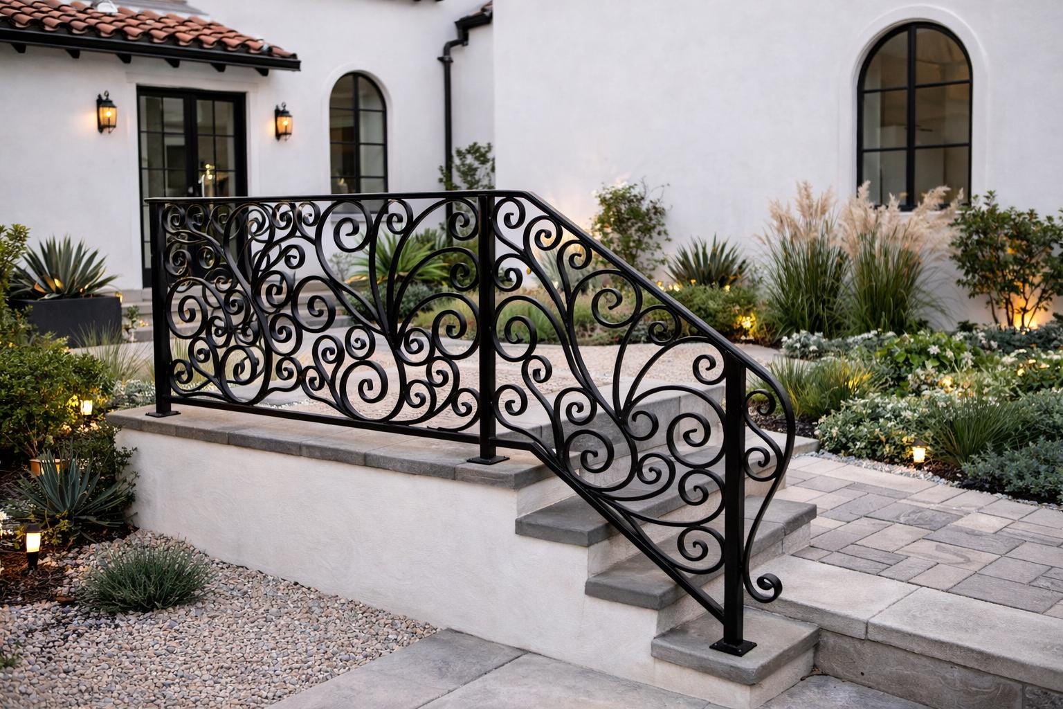 Riviera Scroll Garden Handrail, Custom Wrought Iron Stair Railing, Decorative Metal Porch Rail, Luxury Entry Handrail by