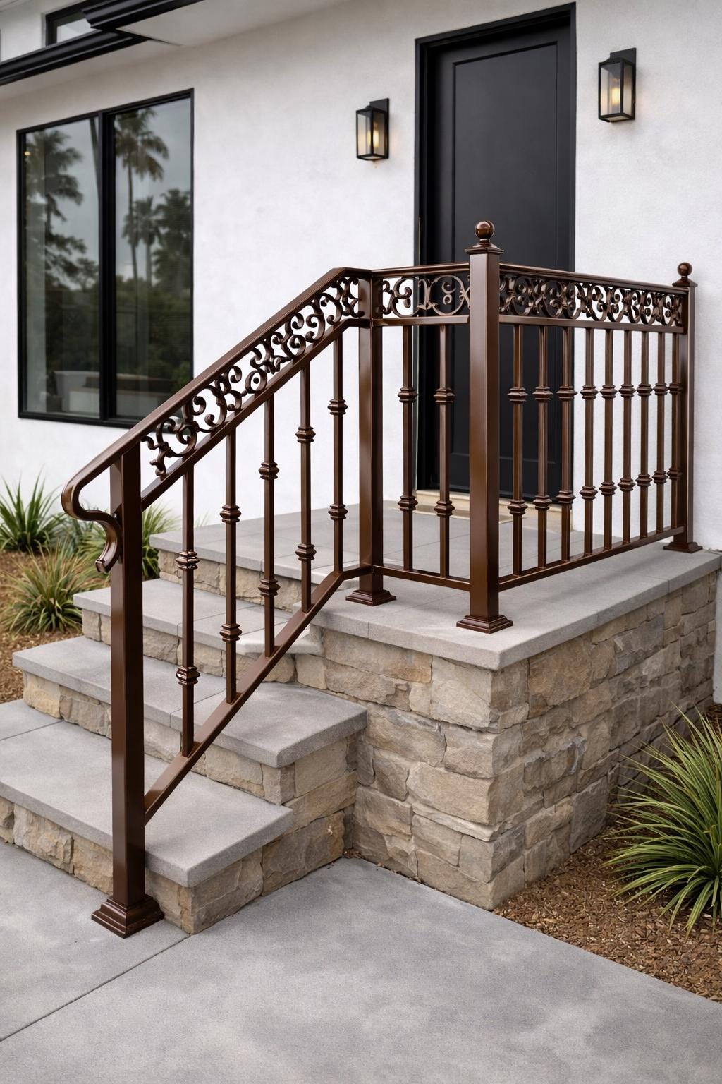 Verona Crest Scroll Landing Handrail, Custom Wrought Iron Stair Railing, Decorative Porch Rail, Outdoor Entry Handrail, Metal