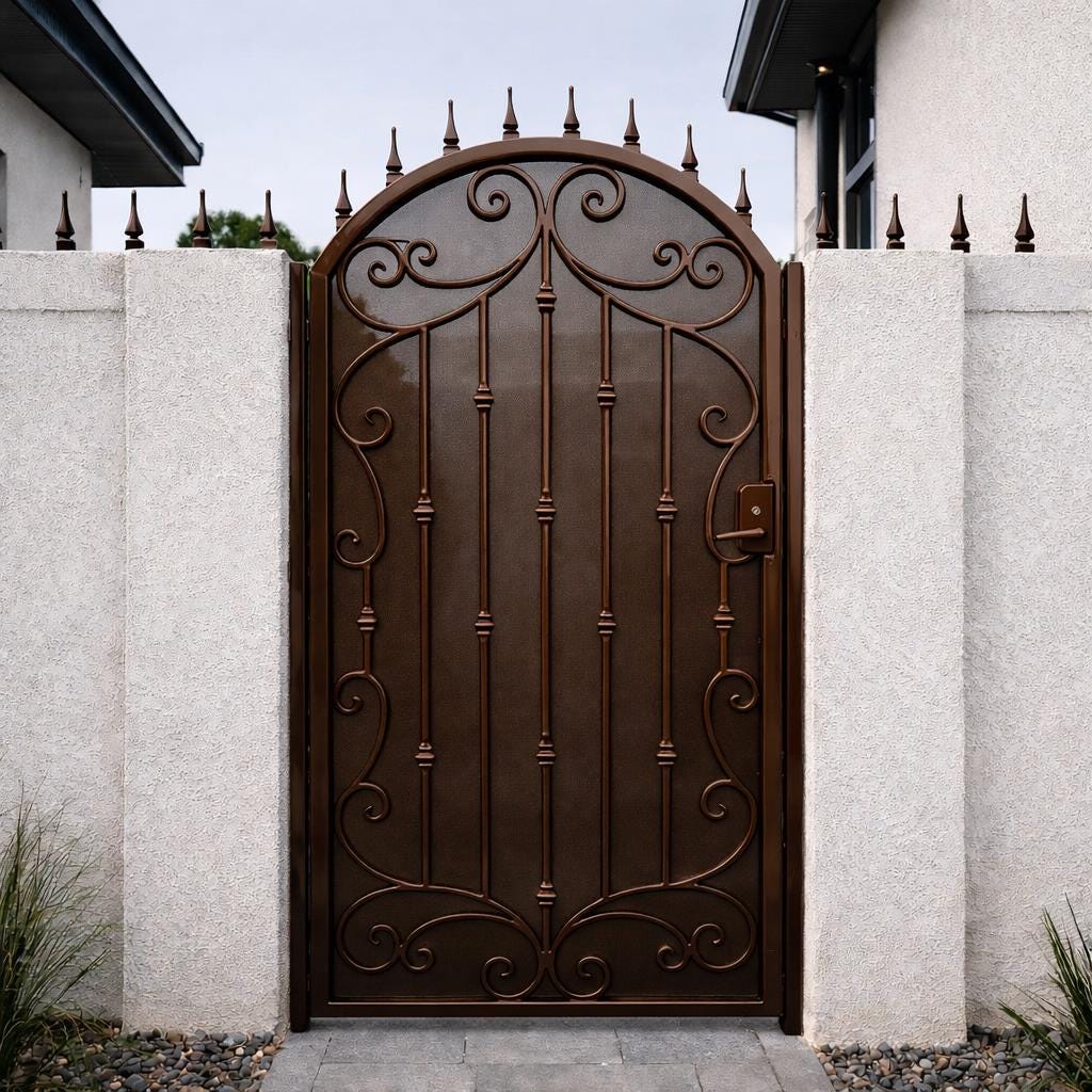 Ravencrest Arched Iron Garden Gate by the steel fabrication shop, product image 1