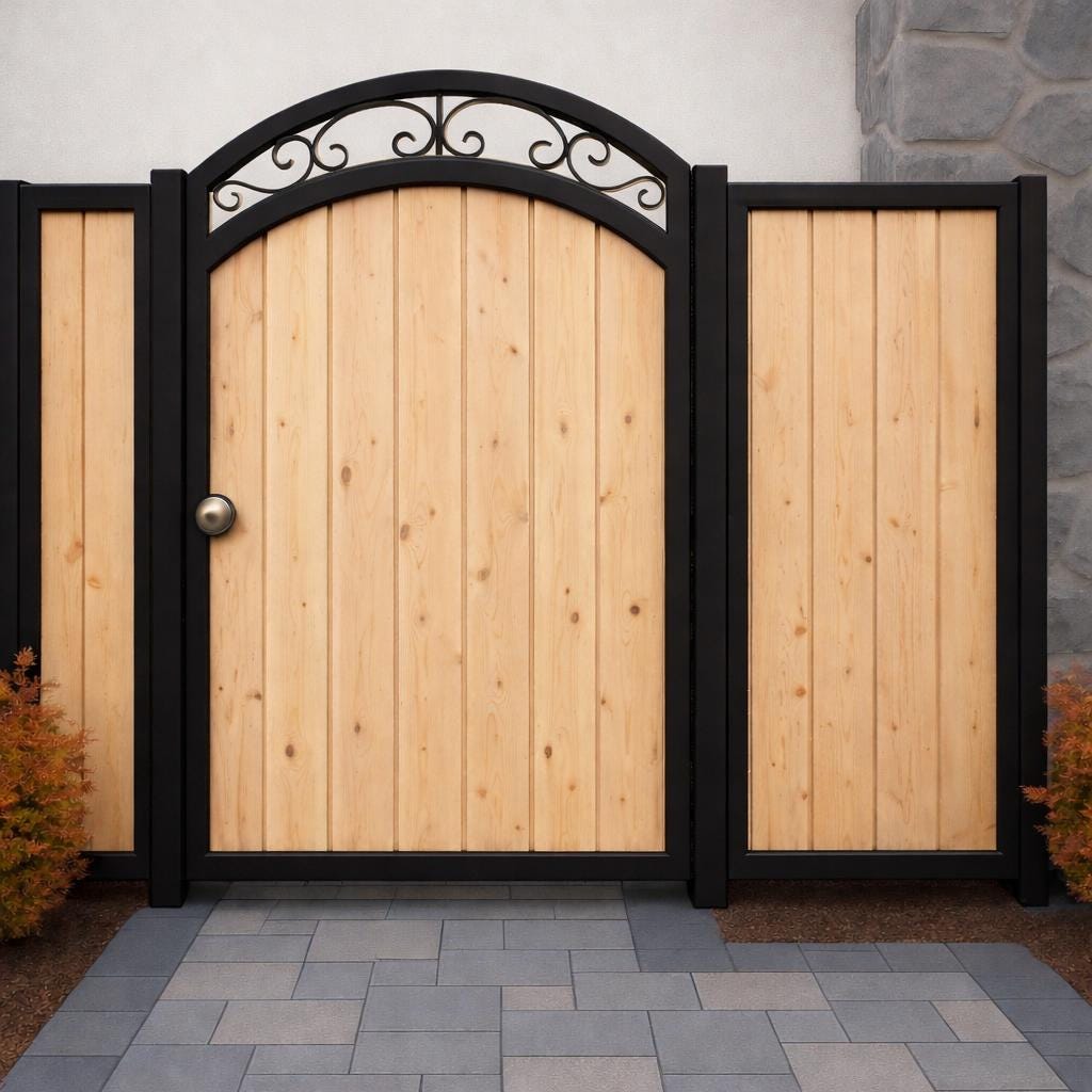 Modern Arched Steel & Wood Garden Gate by the steel fabrication shop, product image 5