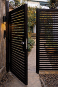 Modern Black Steel Slat Gate, Contemporary Privacy Door by the steel fabrication shop, product image 1