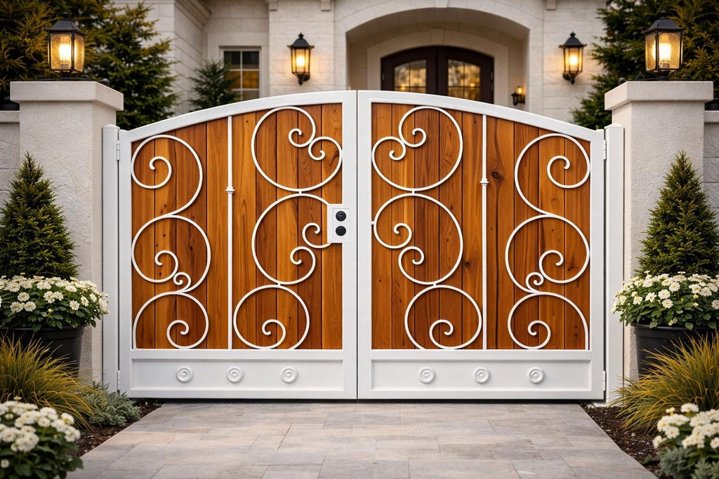 Raventa Wrought Iron and Wood Pedestrian Gate - Custom Steel Walkway Entry Door by the steel fabrication shop, product image